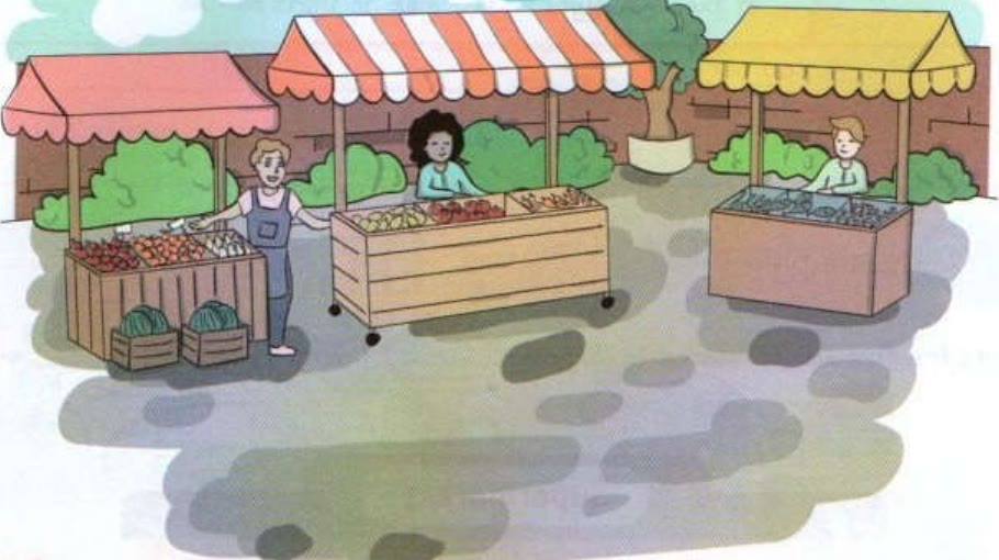 Three market stalls with fruit, vegetables and fish, with their sellers